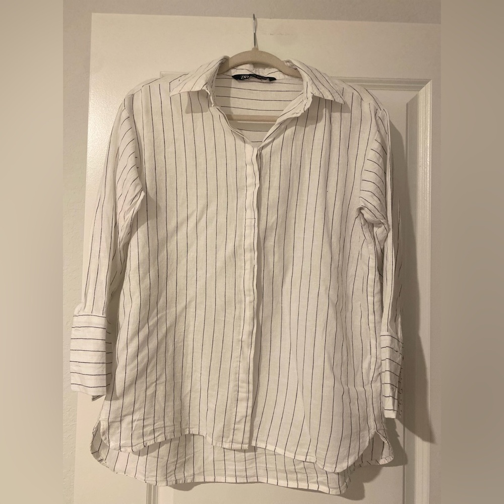 Zara White and Black Striped Button-Down Shirt - Picture 3 of 6